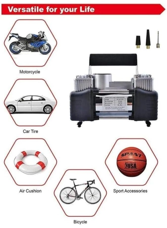 منفاخ هواء للسيارات 2 بستم شديد التحمل - كمبروسر محمول فائق السرعة 12 فولت لإطارات الدفع الرباعي والسيارات الملاكي - هيكل معدني قوي - Image 3